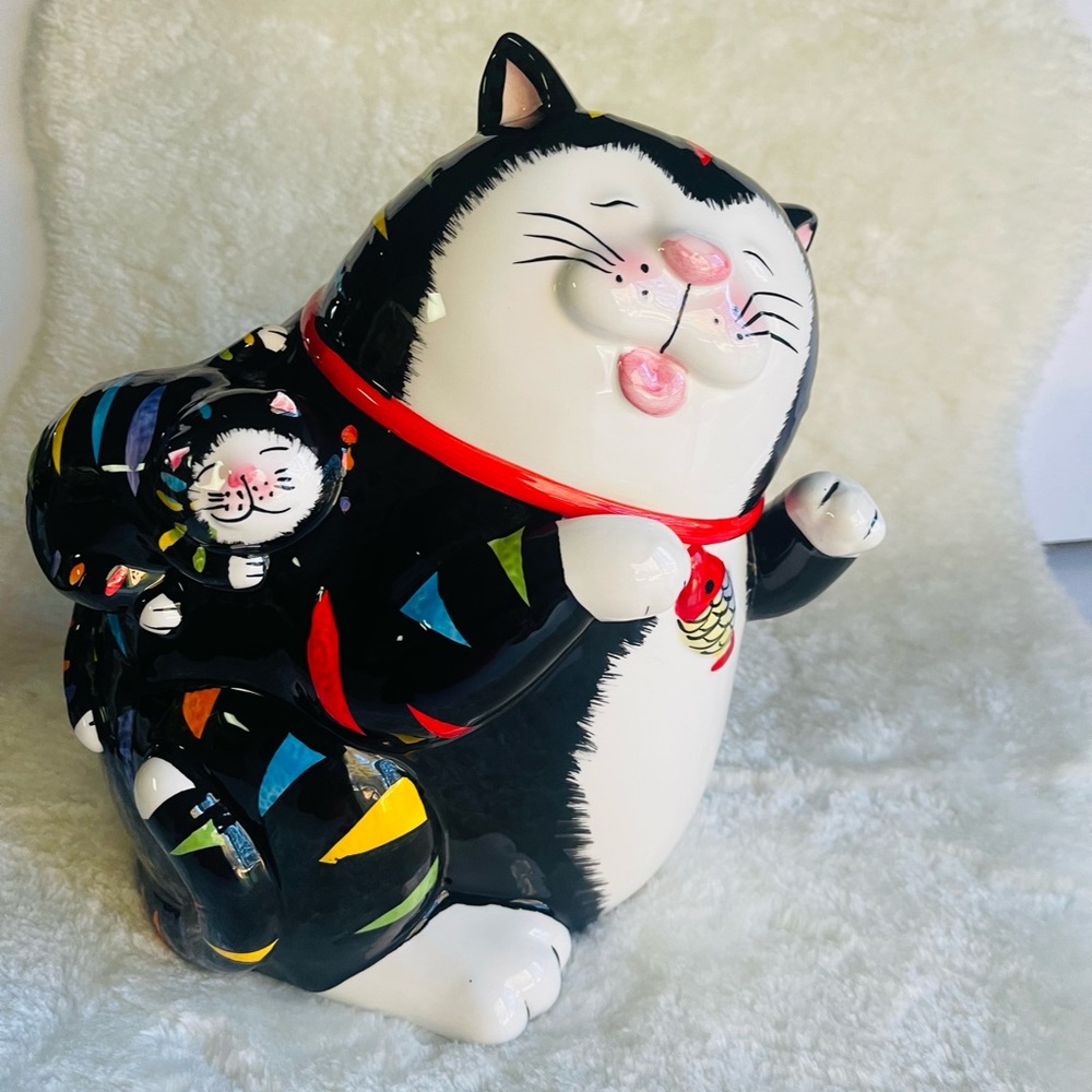 GKAO BLACK MULTI COLOR STRIPED ORIENTAL MOM CAT & PIGGY BACK  KITTEN COOKIE JAR